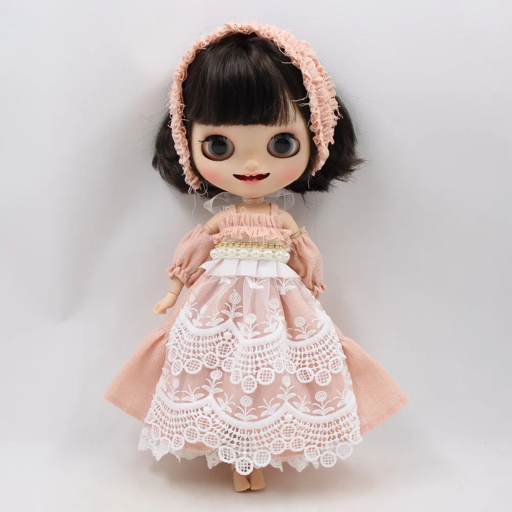 Neo Blythe Doll Pink White Embroidery Pearls Dress with Hairband 1