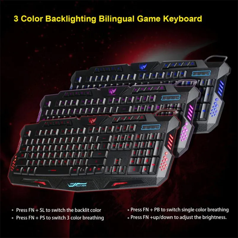 Gaming Keyboard Crack Illuminated LED Backlight USB Wired Multimedia PC Computer