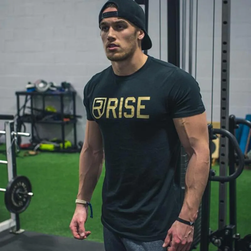 

New RISE Workout Clothes Cotton RISE T Shirts Mens Short Sleeve T-shirt Muscle Fitness Clothing Bodybuilding Tops