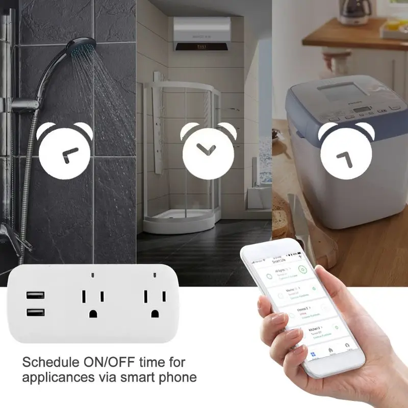 

Mini Smart Socket WiFi Wireless Remote Control Dual US Plugs USB Ports Timer Switch No Hub Energy Saving Distance Operate