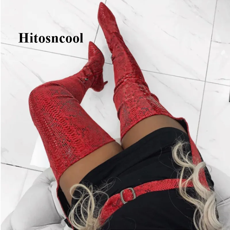 

New Autumn Women High Waist belted Boots Red Snakeskin High Heels Over The Knee Crotch Boots Fashion Ladies Shoes Design