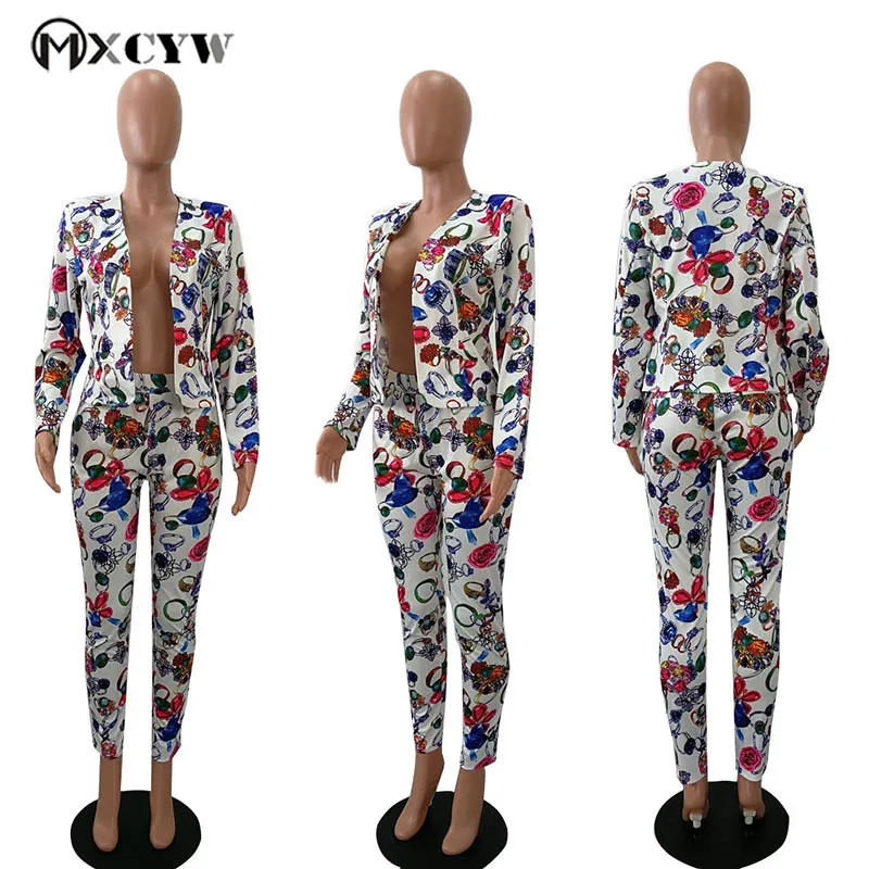 Work Two Piece Set Women 2018 New Autumn Winter Sexy Flowers Print Blazer+ Pants Suit Set Jacket Outfits Office Suits