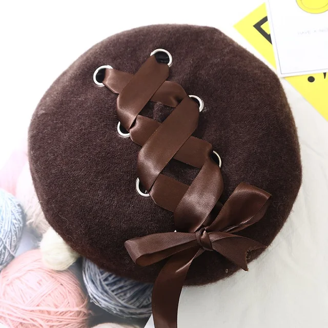 VISROVER New Sweet Cute Berets Women Winter Hats Soft Macaron color Ribbon Woolen Lolita Beret classical Soft Straps Cross Bow coffee