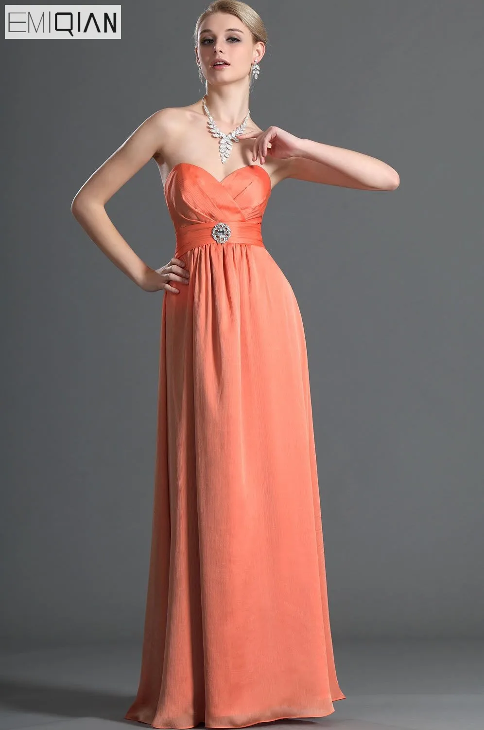 Блестящий без бретелек тонкий трапециевидной формы длиной до пола Оранжевый шифон платье подружки невесты