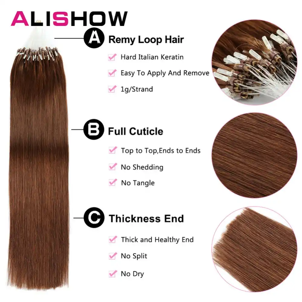 Alishow Straight Loop Micro Ring Hair 1g S 50g Pack 100 Human