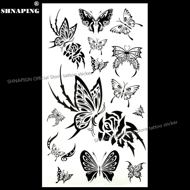 

SHNAPIGN Body Art Black Rose butterfly Temporary Body Art Flash Tattoo Sticker 10*17cm Waterproof Henna Fake Wall Tattoo Sticker