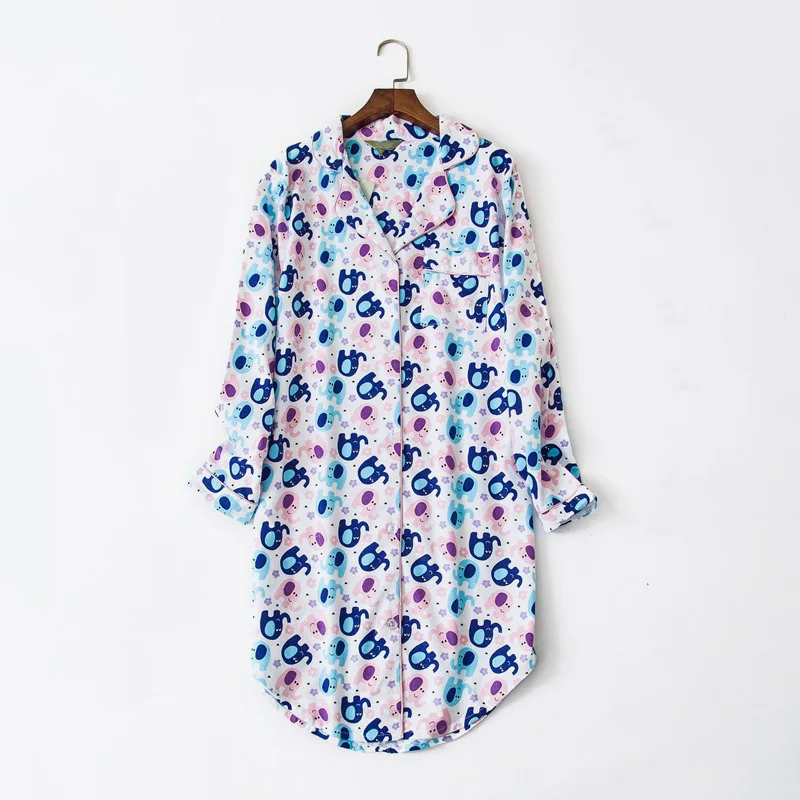 

Cotton Pattern Print Women's Bathrobe Button Long Sleeve Irregular Turn-Down Collar Female Nightie 2018 Autumn Loose Nightgown