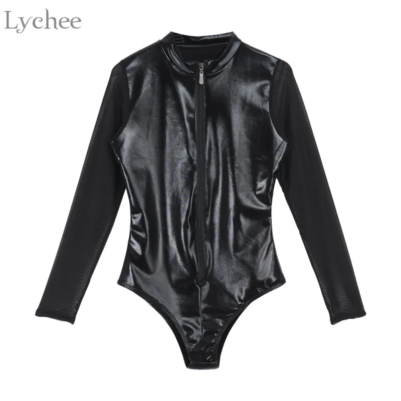 

Lychee Sexy Summer Women Bodysuit Mesh Faxu Patchwork Zipper Slim Skinny Long Sleeve Playsuit Romper