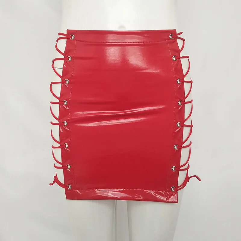Loneyshow пикантные люверсы из PU искусственной кожи на шнуровке юбки Высокая Талия выдалбливают бинты красный Для женщин юбка лидер ночной