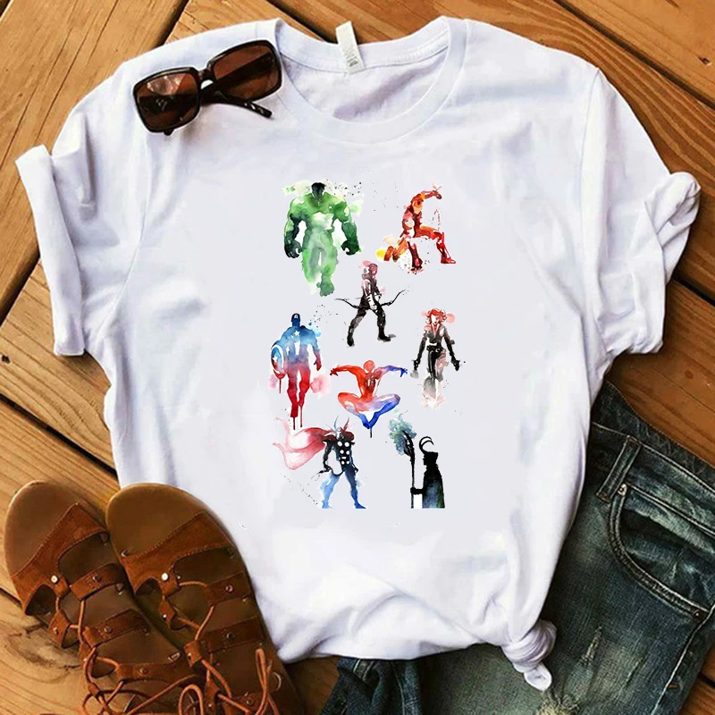 Новая футболка Для женщин Marvel фильма мстители завершающей Vogue Футболка с принтом короткий рукав Harajuku Стиль футболка одежда для улицы; Одежда для одежды