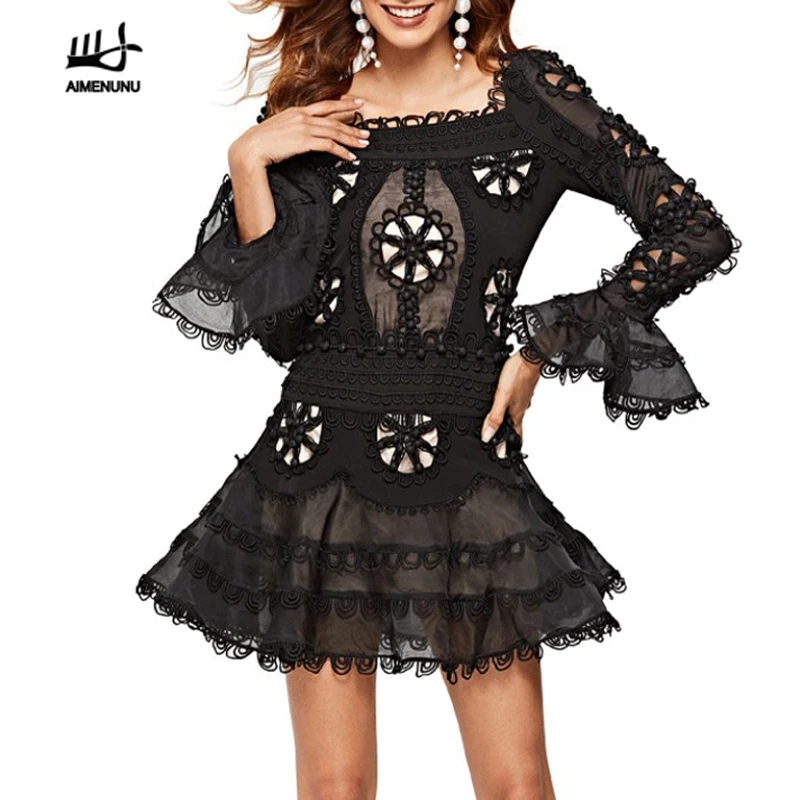 

AIMENUNU Floral Dress Hollow Out Slash Neck Flare Sleeve Draped Mini Mermaid Dresses Large Size Spring Fashion New Clothing