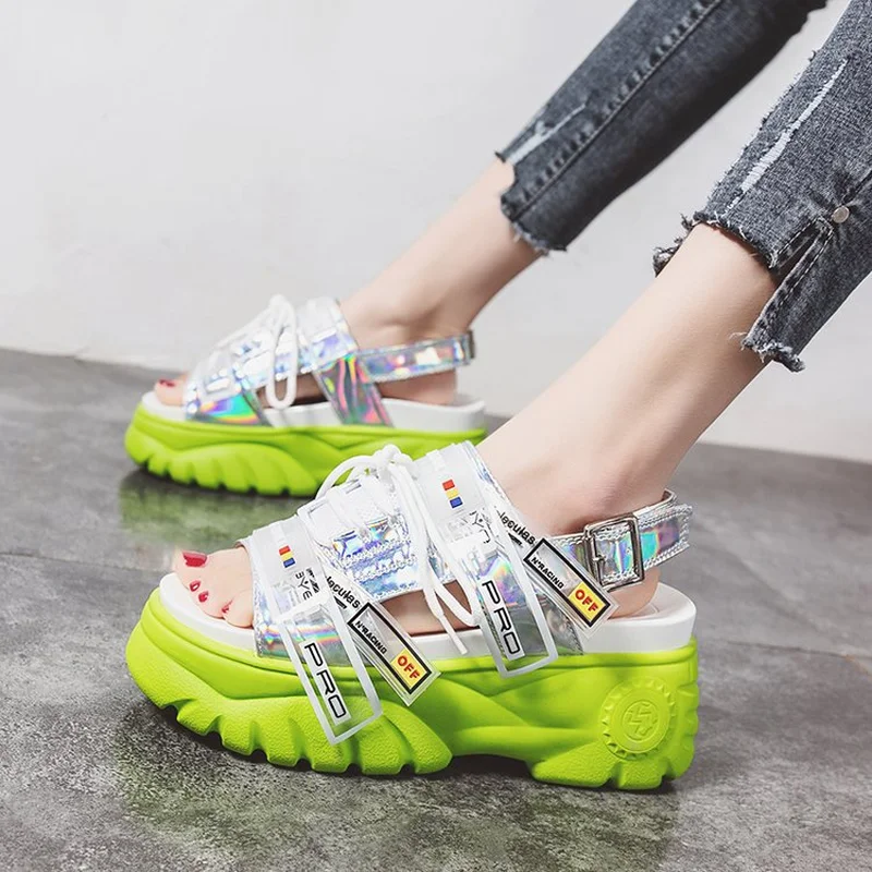 2019 Summer Chunky Sandals Women 8cm Wedge High Heels Shoes Female Buckle Platform Leather Casual Summer Slippers Woman Sandal