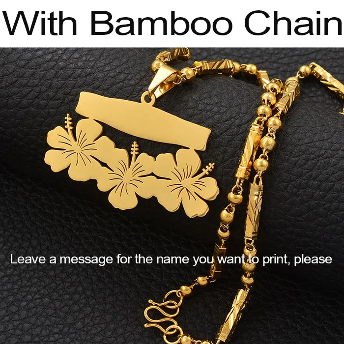 Anniyo Customize Name Letters Pendant Necklaces,Personalized Print Date of Birth or Your Idea Hawaiian Flowers Jewelry#107421 - Окраска металла: With Bamboo Chain