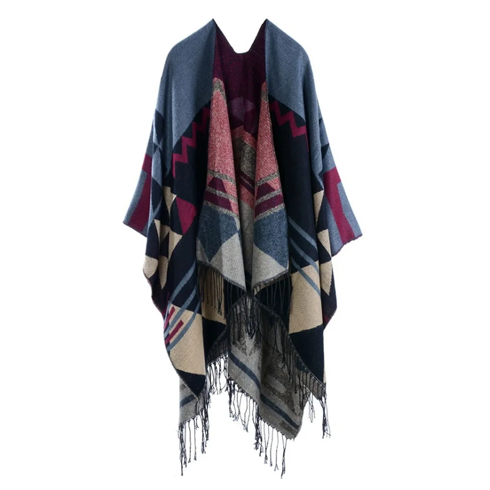Осенне-зимний женский шарф, вязаный шаль-пончо, геометрический узор, кисточка, негабаритная длинная богемная пелерина, теплый модный шарф, обертывания - Цвет: D