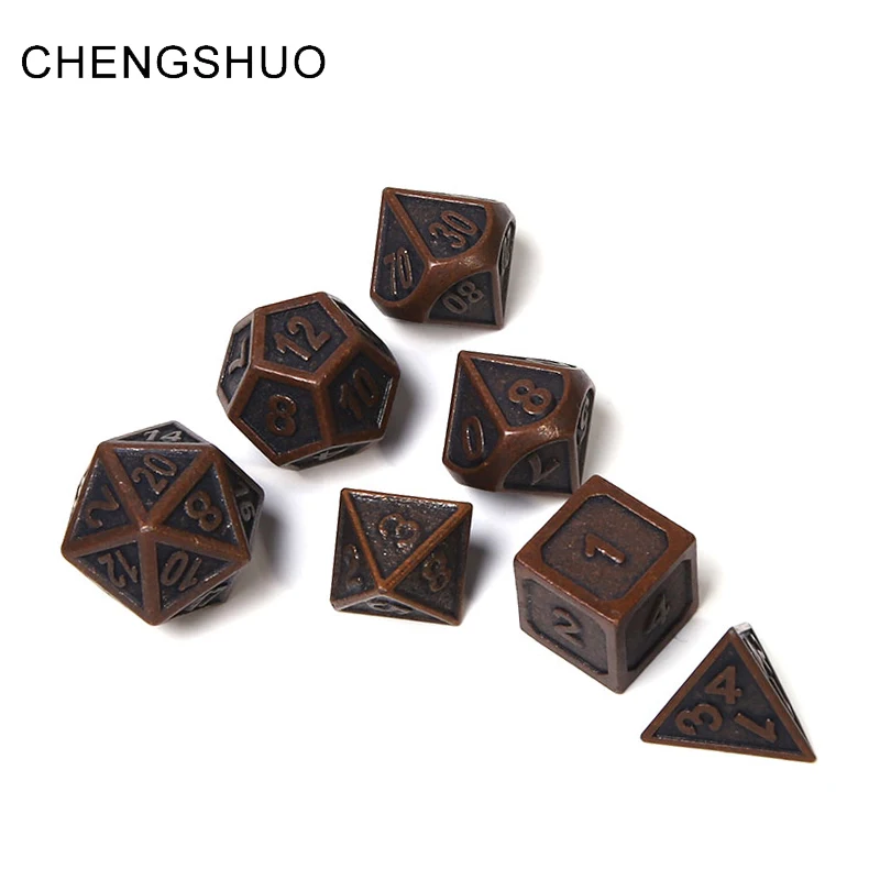 

Chengshuo rpg polyhedral metal dice set dungeons and dragons tabletop game digital dice 7pcs d10 8 20 dodas rpg d&d bronze color