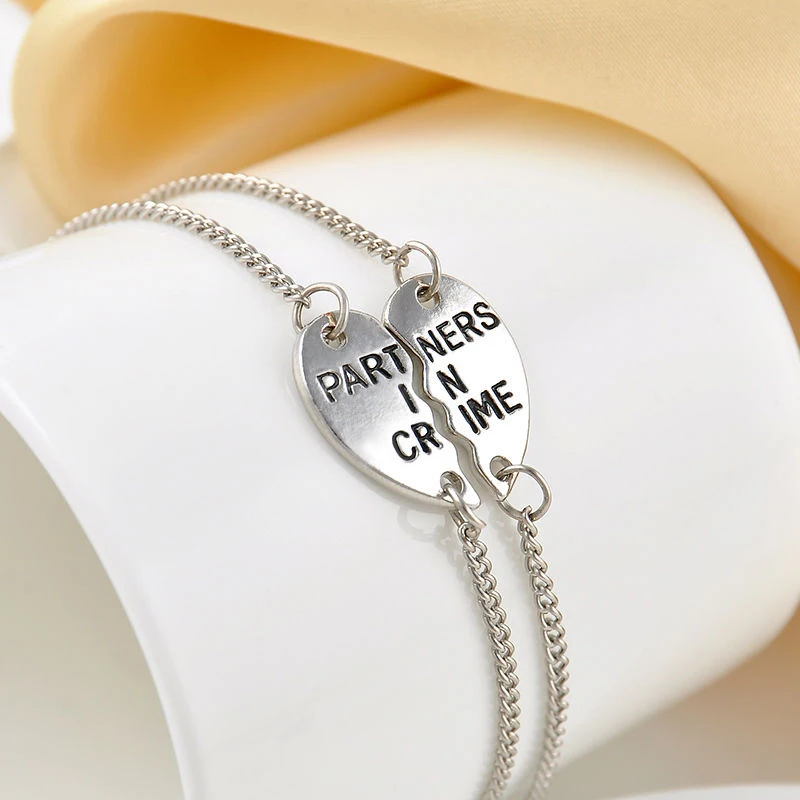 2pcs Fashion Heart Partner In Crime Best Friend Bff Friendship 2pcs Fashion Heart Partner In Crime Best Friend Bff Friendship Bracelet For S Jewelry Gifts Silver