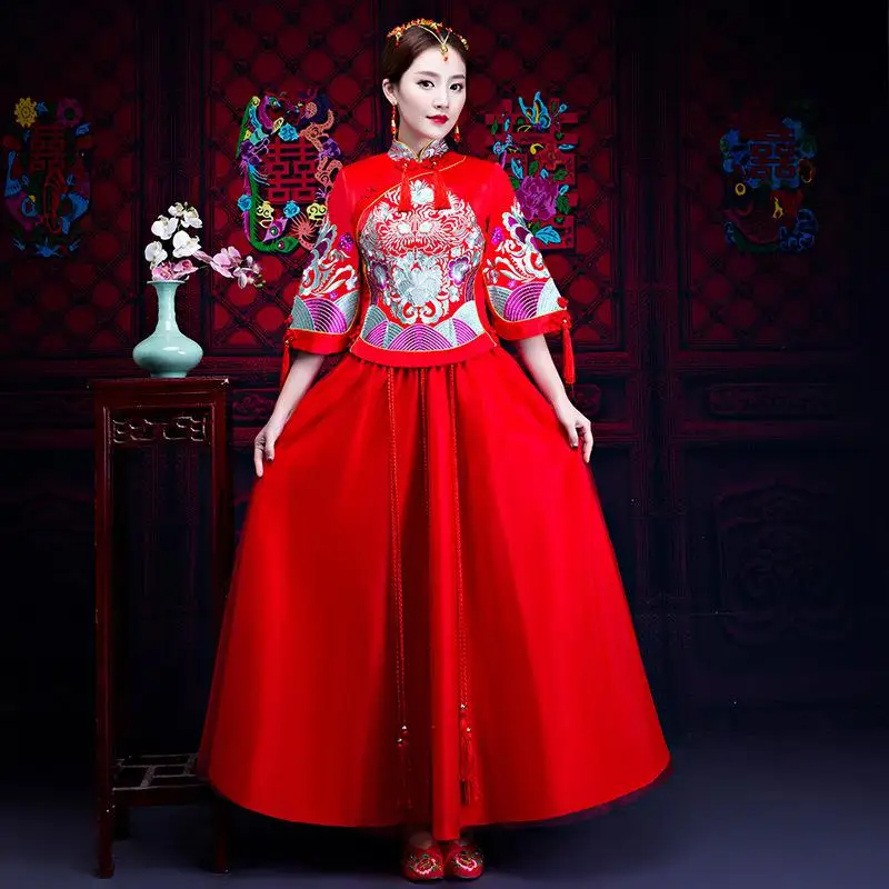 Ancien Wedding Party Dress Bride Toast Clothing Traditional Embroidery Cheongsam Chinese Vintage Qipao Oversized XXXL Vestidos - Color: Flower