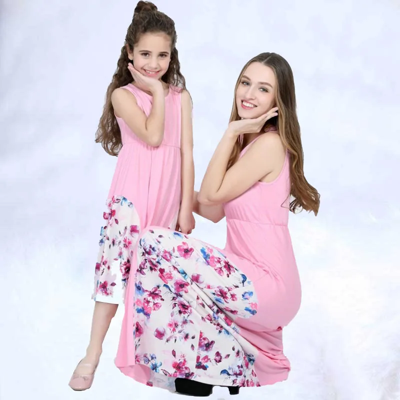 

2019 new Mother Daughter Dresses Braces Elastic Waist Pleated Girl Mom Sundress Sleeveless Casual Mommy And Me Costume