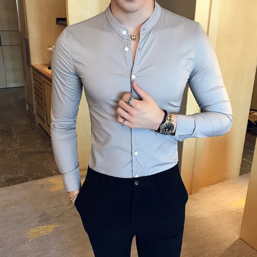 Новая мужская мода бутик хлопок сплошной цвет воротник повседневные деловые рубашки с длинными рукавами мужские тонкие высококачественные рубашки - Цвет: Серый