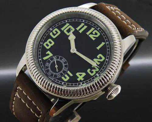 

44mm parnis greenl luminous number black dial 6498 hand winding Watch