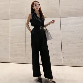 

2019 summer elegant new slim jumpsuit sleeveless with belt runway office lady bodysuit Romper