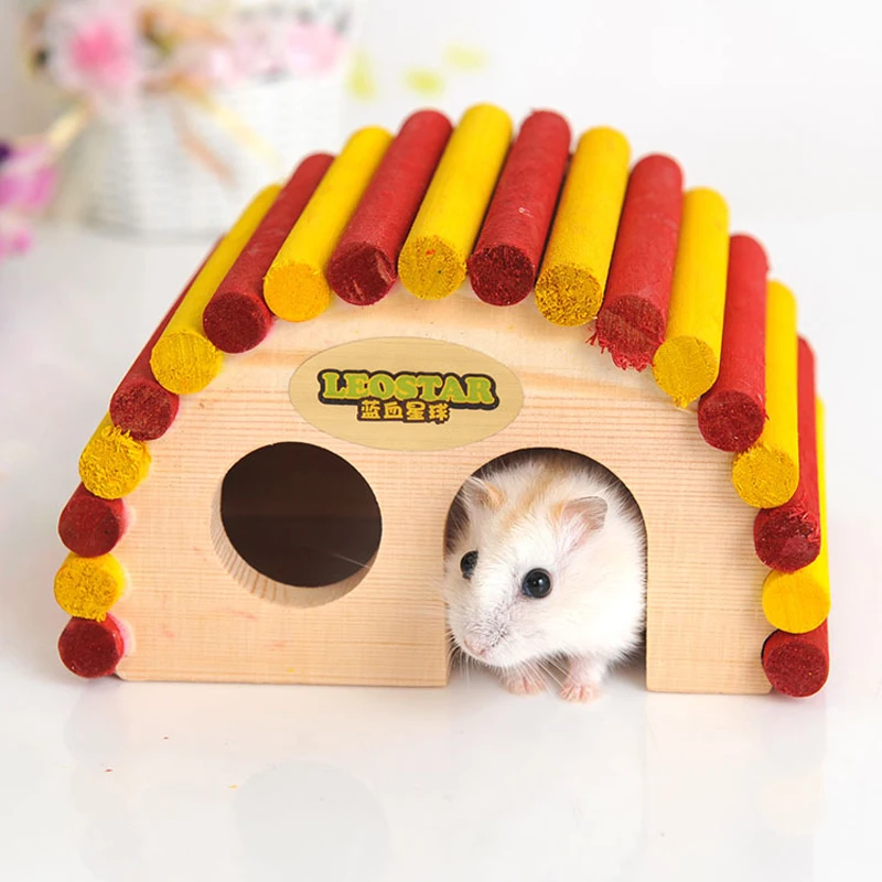 

Healthy High Quality Pine Colorful Hamster Squirrel Arch Wooden House Villa Cabin Small Pet Cage Bed Play Toy 13.5*10*8cm