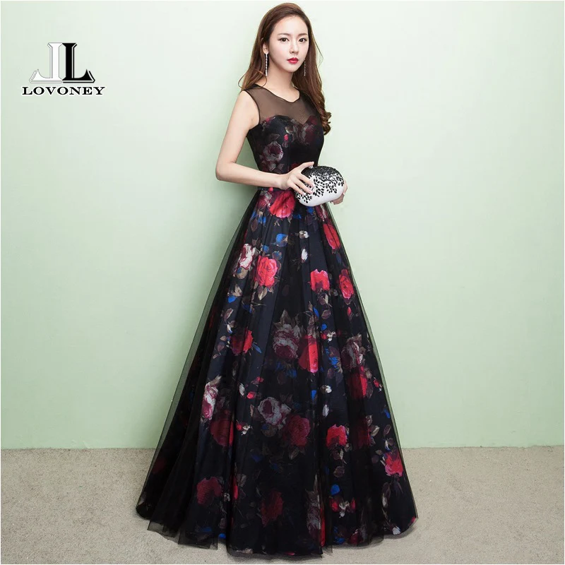 LOVONEY 2019 New Design Flower Pattern Elegant Evening Dress Long See Through Back Formal Party Dresses Evening Gown M209