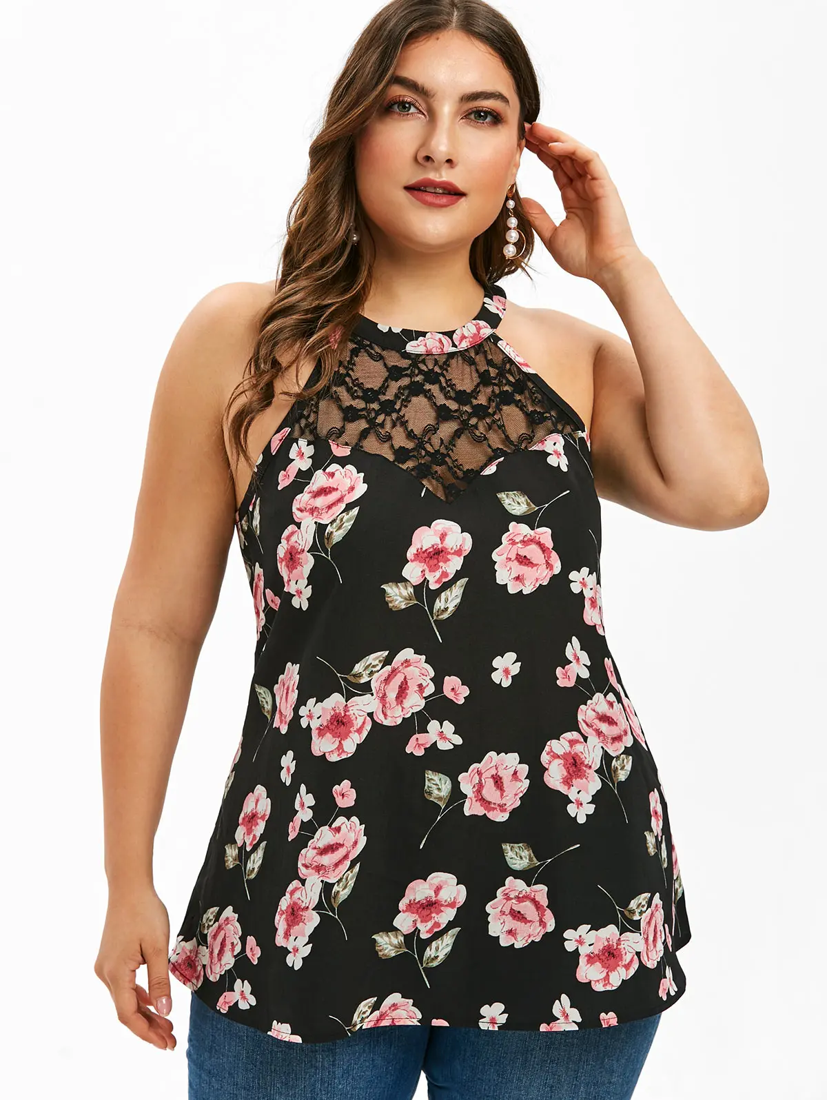 

Wipalo Plus Size Lace Panel Floral Print Tank Top Hollow Out Round Neck Sleeveless Casual Tops Casual Women Summer Clothes 2019