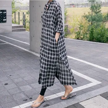 

Plus Size Korean Style Lapel Long Shirt Women 2019 Summer Autumn Split Plaid Blouses Stand Casual Loose Tops