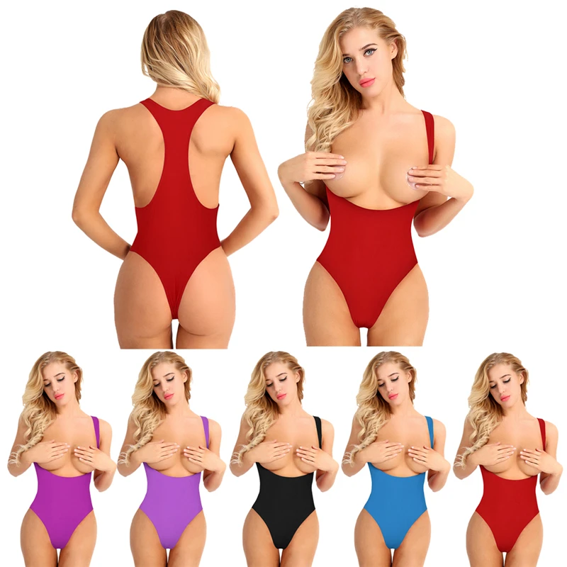 Women One Piece Bodystocking Sleeveless Open Chest High Cut Catsuit Solid Color Leotard Bodysuit Thong Swimsuit Sexy Clubwear bodysuits