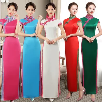 

Solid Color Green Elegant Stage Show Handmade Button Silm Qipao Chinese Traditional Women Dress Vintage Lady Sexy Cheongsam