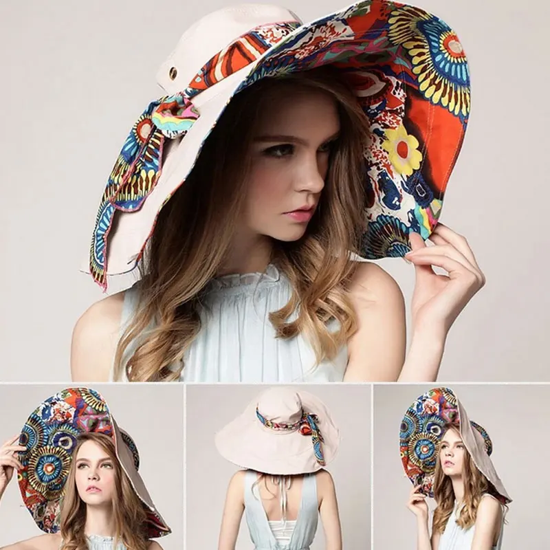 Новые модные цветы для женщин складные шляпы Brimmed Защита от солнца УФ уличные летние пляжные головные уборы с бантами DO99