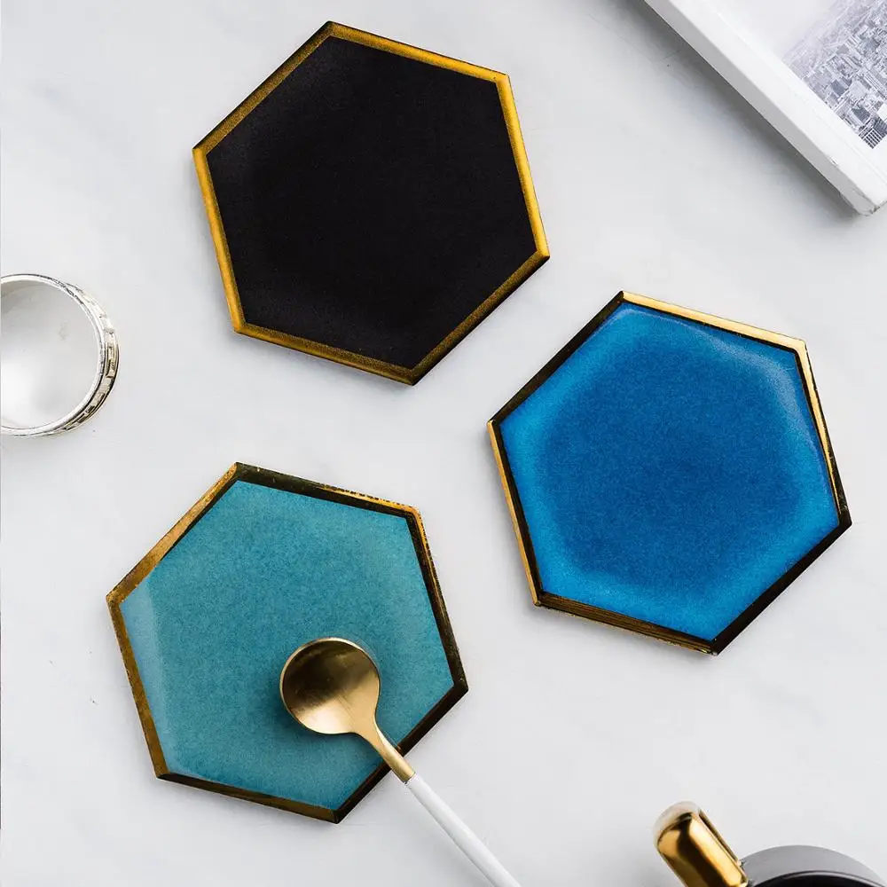 

MDZF SWEETHOME Coffee Coaster Ceramic Cup Mats Pads with Gold Edge Table Decoration Waterproof