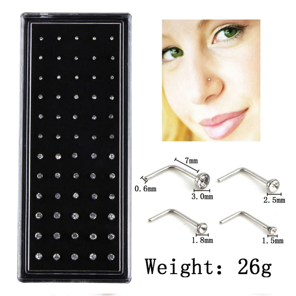 Charm 60pcs/set Stainless Steel CZ Crystal L Shape Nose Ring Body
