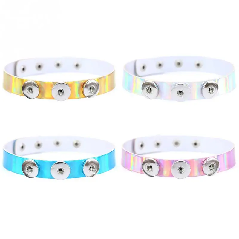 

Punk Style Trendy Girl Woman Laser PU Stainless Steel Snap Collar Clavicle Necklace