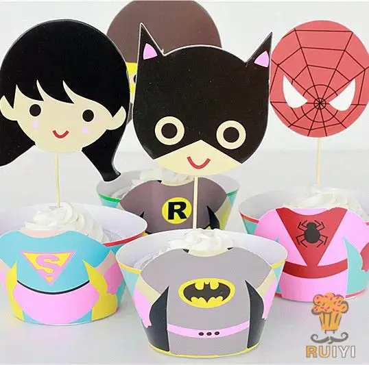 

12set Girls Superhero wonder Woman IronMan Spider man superman batman cupcake wrappers toppers cases kid's party favors