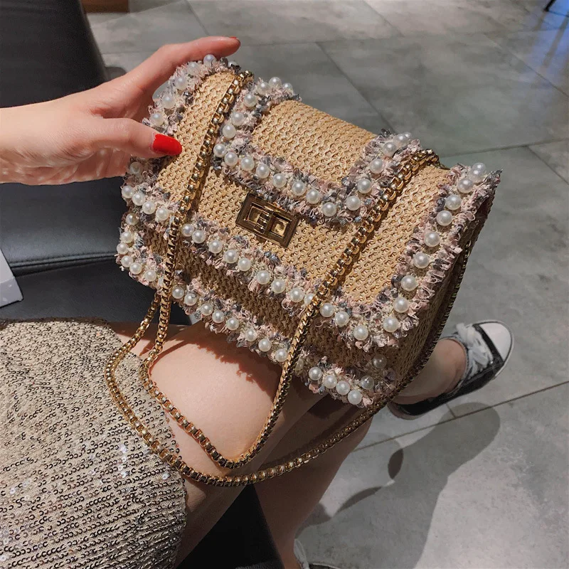 

Fashion Women Bag Woven Pearl Beach Shoulder Bag Chain Slung Lock Buckle Hand Bag Luxury Handbags Crossbody Bags Designer