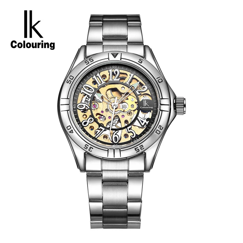IK Colouring Gold Skeleton Mechanical Hand Wind Watches Men Luxury Brand Business Dress Silver Steel Band Watch Clock relogio men luxury brand casual gold full steel band skeleton automatic self wind mechanical hand wind goden relogio for man wrist watch