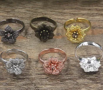 

Multi-color Plated Retro Rings Settings with 16*5mm Filigree Flower Base Brass Metal Blanks Adjustable Ring Findings DIY Making
