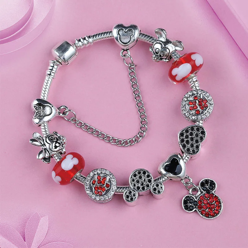 

Dropshipping Antique Silver Mickey Minnie Bead P Bracelet Bangle Red Crystal Glass Charm Diy Bracelet Casual Jewelry Gift