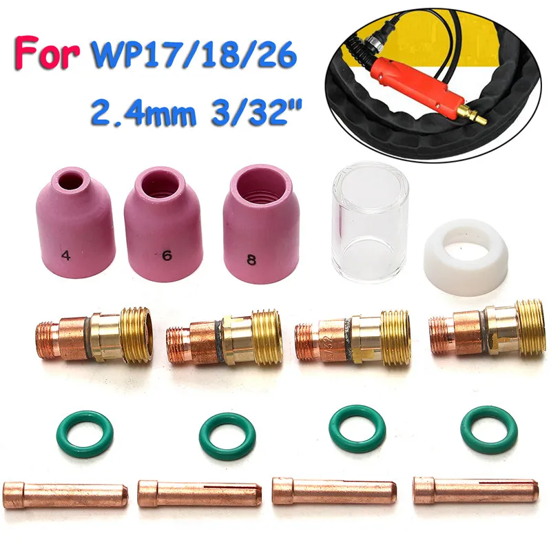 

17 pcs TIG Stubby Gas Lens Ceramic nozzle & Pyrex Cup Kit WP17/18/26 2.4mm 3/32" New Arrival