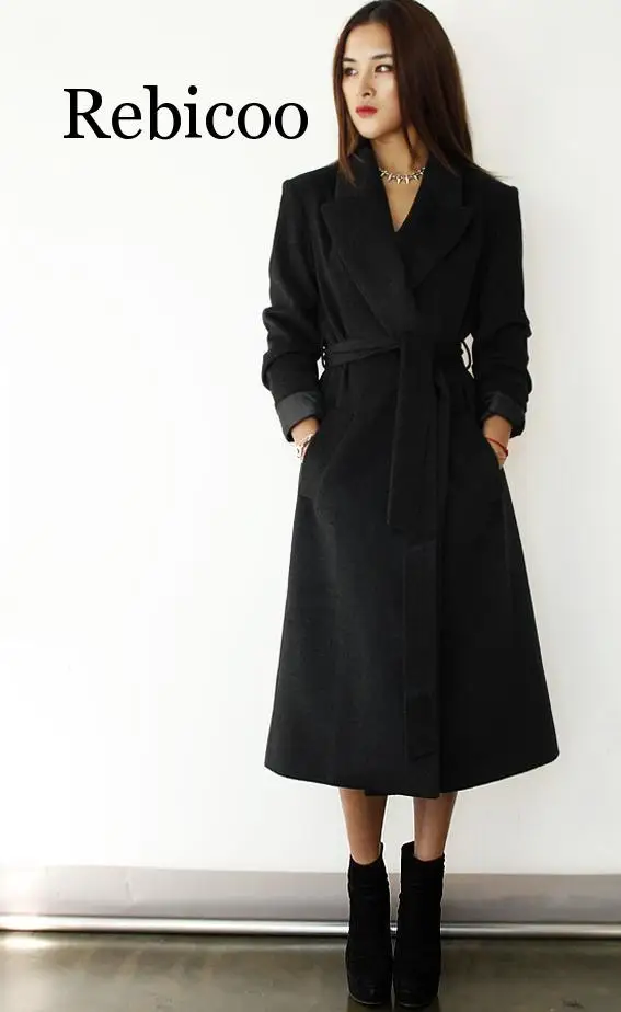 Newest UK 2019Fall / Winter Women Woolen Robe Belted Robe Coat Simple Notched Lapel Red Black Oversized Overcoat