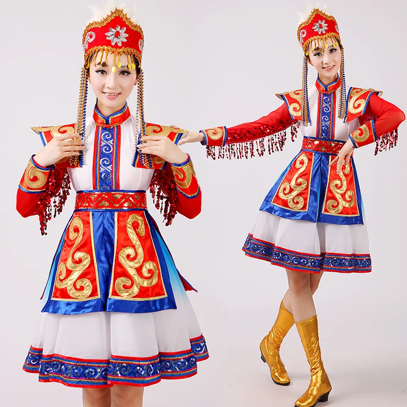 

Mongolian dancers women's red chopsticks dance costumes Mongolian Bowl stage performance Chinese minority dancing clothing