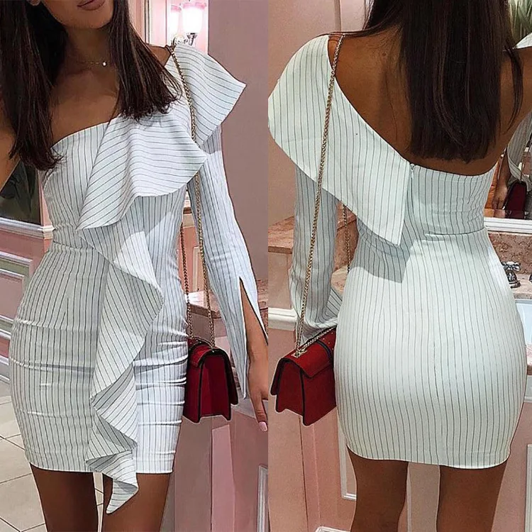 

Women Streetwear Dress One Shoulder Long Sleeve Sexy Dress Femme Robe Striped Ruffles Patchwork Vestidos Women Mini Pencil Dress