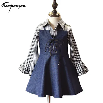 

Girl Clothes Set Long Sleeve Palid Blouse Shirt with Jeans Overall Dress Fashion Girl's Autumn Sets New Brand Kids Suits