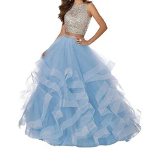 Платье на выпускной Эротическое с бисером из двух частей Пром платья Длинные Pageant торжественное платье случаю Асимметричная слоистых Тюль бальные платья