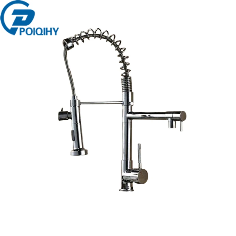 

POIQIHY chrome single lever spring pull down sprayer Deck Mounted Kitchen Sink Mixer Taps with cold and hot water