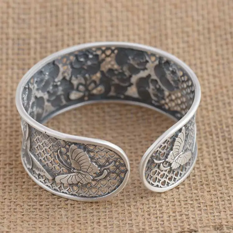 FNJ 925 Silver Flower Bangle New Fashion Butterfly Adjustable Size Original S925 Sterling Silver Bangles for Women Jewelry