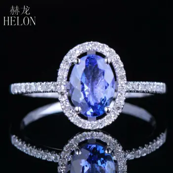 

HELON Solid 10k White Gold Certified Oval 7x5mm 0.83ct Tanzanite & 0.2ct Diamonds Engagement Wedding Ring Women Elegant Jewelry