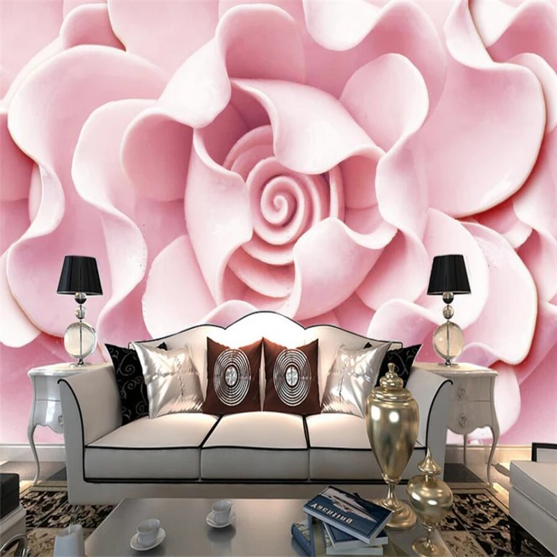 Beibehang Embossed solid pink rose flower TV background wall custom